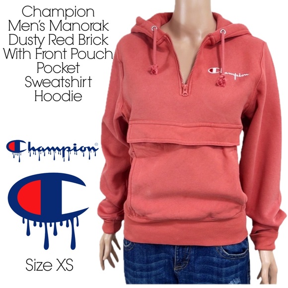 Champion Men’s Manorak Dusty Red Brick With Front Pouch Pocket Sweatshirt Hoodie - Picture 1 of 16